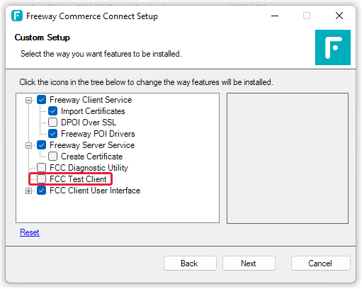 FreedomPay FCC Client installer component selection screen showing the FCC Test Client checkbox used to enable the UAT environment.