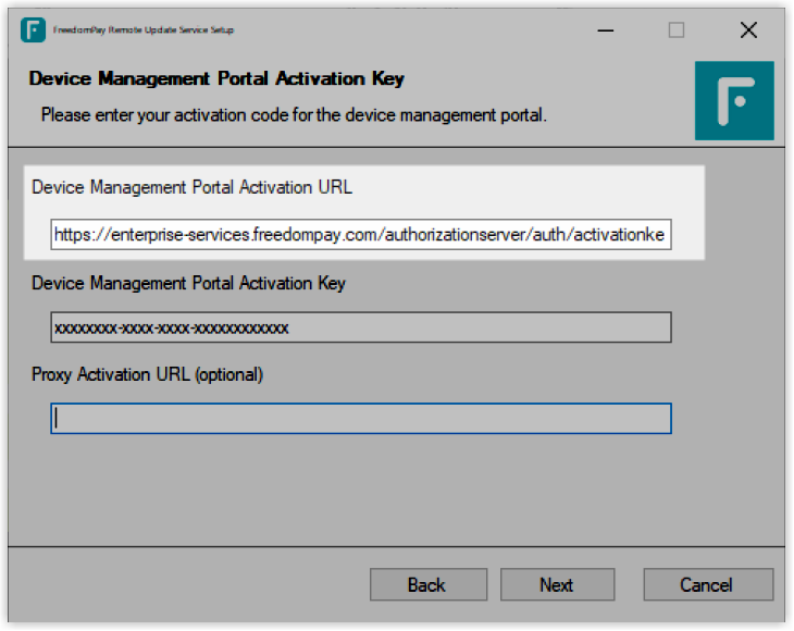 FCC Client application window open on the Configure screen, showing fields for the Device Management Portal URL and environment settings.