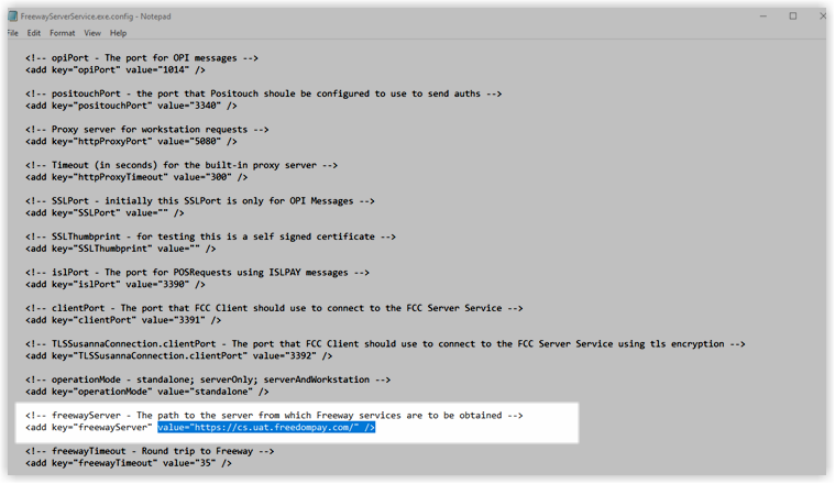 FreewayClientService.exe.config open in Notepad, with the freewayServer key value changed from the UAT URL to https://cs.freedompay.us/.