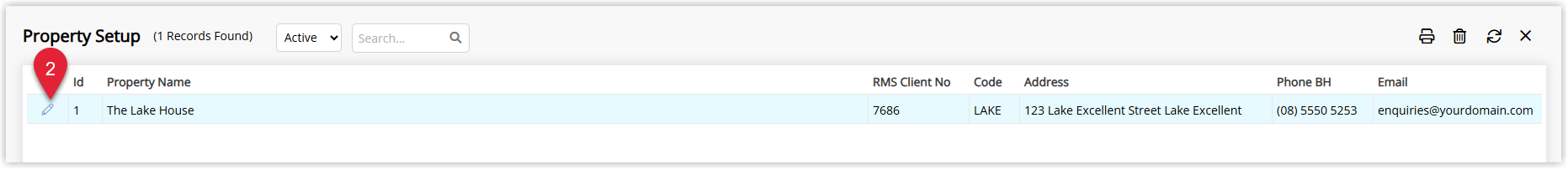 RMS Property Information screen with an existing property selected and the Edit icon highlighted.