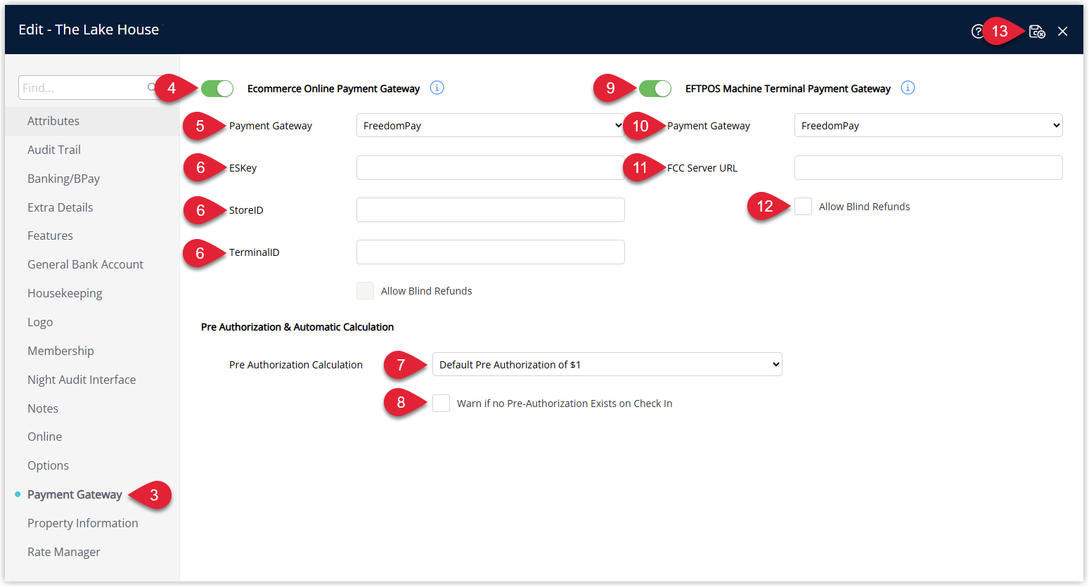 Payment Gateway tab in RMS showing FreedomPay selected as the ecommerce and EFTPOS terminal gateway, with ESKey, Store ID, Terminal ID, and FCC Server URL fields completed.