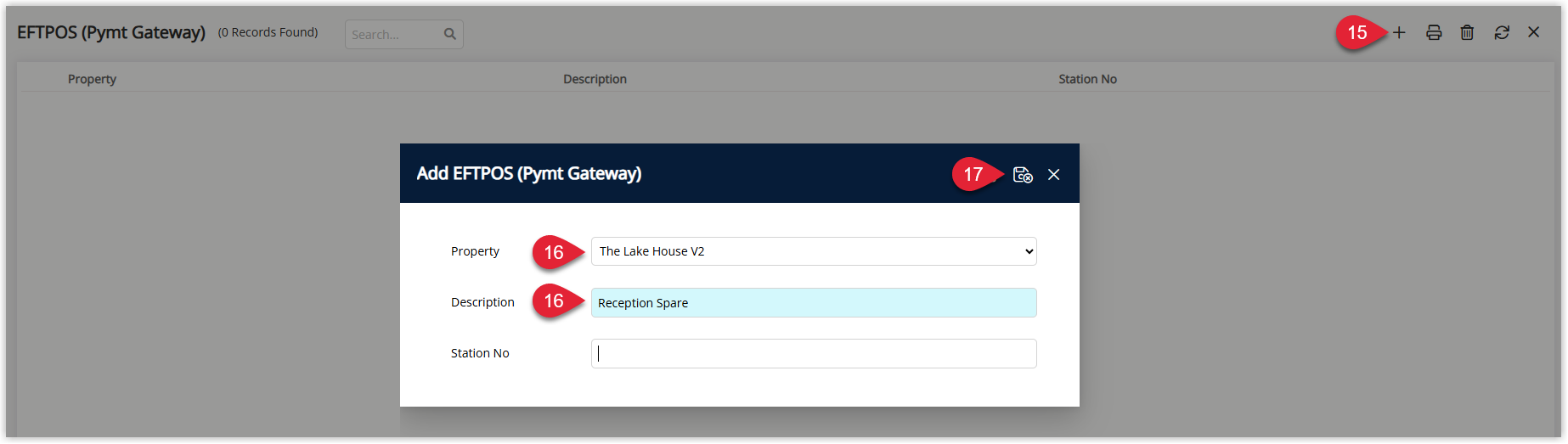 EFTPOS (Pymt Gateway) lookup table screen in RMS with a new EFTPOS terminal entry showing the property and a descriptive name.