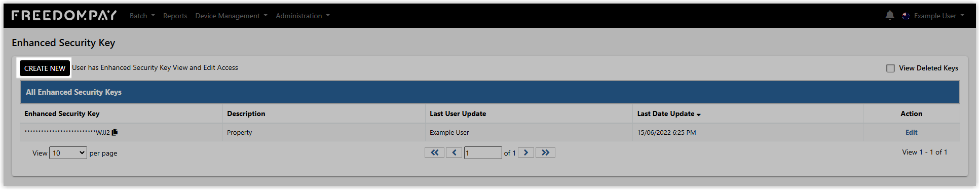 Enhanced Security Keys page in the Enterprise Portal displaying a Create New button for generating a new enhanced security key.