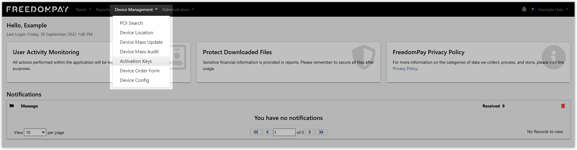 Enterprise Portal Device Management menu with Activation Keys selected, displaying a table of existing activation keys.
