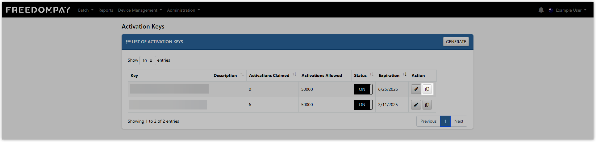 Activation Keys list displaying a newly generated activation key value with options to copy or manage it.