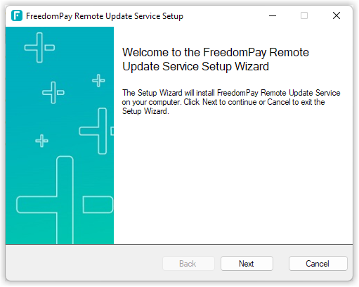 FreedomPay installer welcome screen with a Next button to proceed with installation.