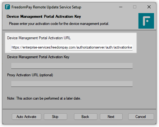 FreedomPay FCC Client installer screen displaying a field to enter the Device Management Portal Activation URL, defaulting to the Production URL.