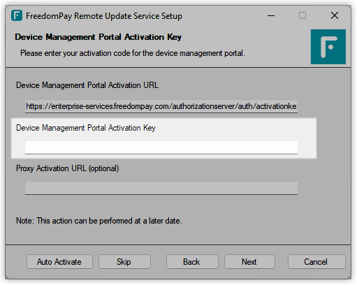 Installer screen prompting the user to enter the Device Management Portal Activation Key generated in the Enterprise Portal.