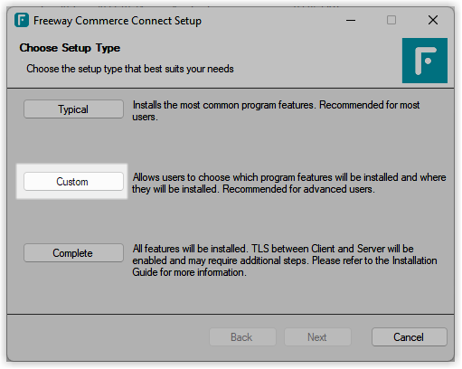FreedomPay installer Custom Setup Type screen with options such as Typical, Custom, and Complete, and Custom selected.