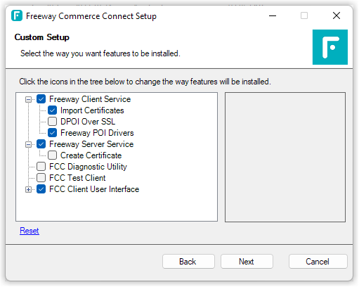 Custom setup feature selection screen listing FCC Client components with checkboxes to choose which components to install.