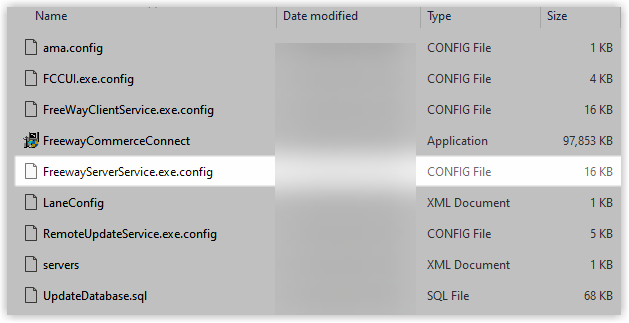 Windows File Explorer showing the FreewayCommerceConnect installation folder with the FreewayServerService.exe.config file highlighted.