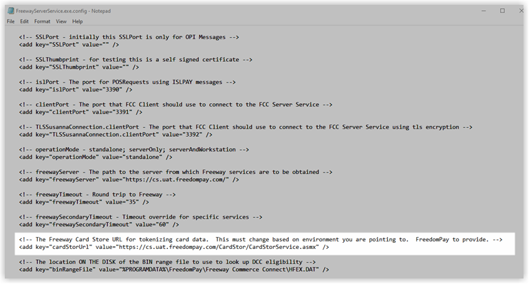 XML snippet in the config file illustrating the freewayServer key updated from the UAT URL to the Production URL https://cs.freedompay.us/.