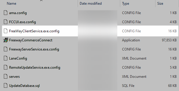 Windows File Explorer window showing FreewayClientService.exe.config in the C:\Program Files (x86)\FreedomPay\FreewayCommerceConnect folder.
