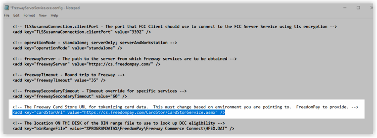 FreewayClientService.exe.config file showing the cardStorUrl value updated from the UAT CardStor URL to https://cs.freedompay.com/CardStor/CardStorService.asmx.