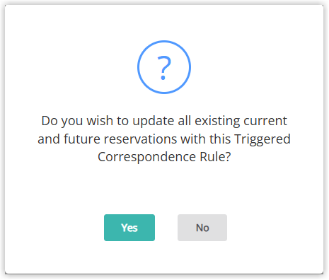 Confirmation dialog asking whether to apply the new Triggered Correspondence rule to all existing and future reservations or only future reservations.