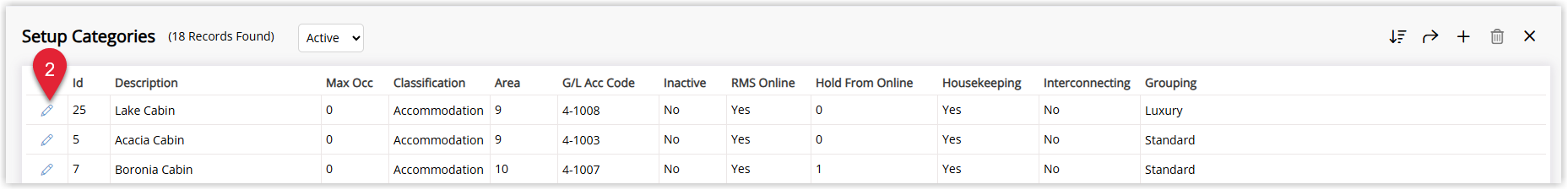 RMS Category/Area setup screen under Setup > Category/Area showing a list of existing categories with columns such as Code and Description, with one category highlighted and the Edit option selected to modify its settings.