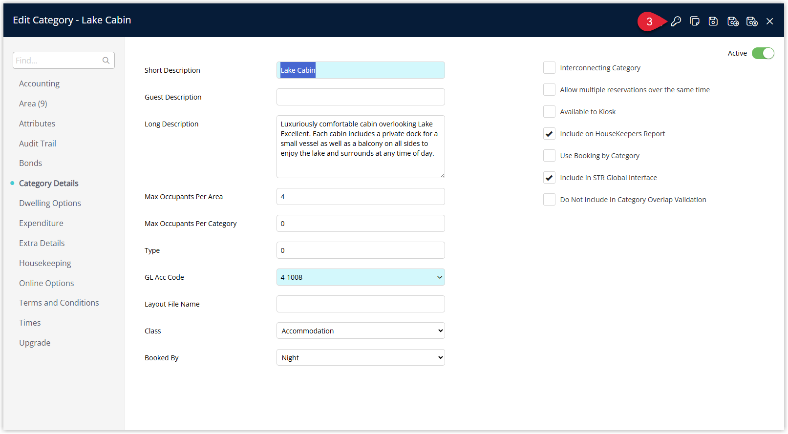 Category edit window in RMS open for the selected category, with multiple tabs or buttons visible and the Access option highlighted to configure category access to discounts, requirements, triggered correspondence and users.