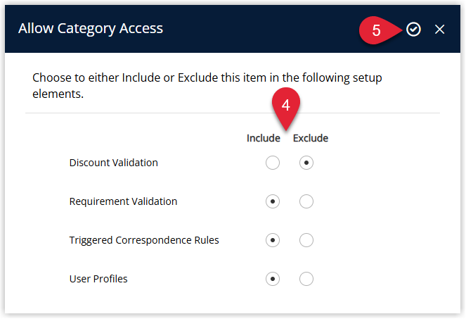 Category Access screen displaying sections for each Access Type—Discounts, Requirements, Triggered Correspondence and Users—with radio buttons or dropdowns set to Include or Exclude for the category, and the Apply button selected to update access across all related records.