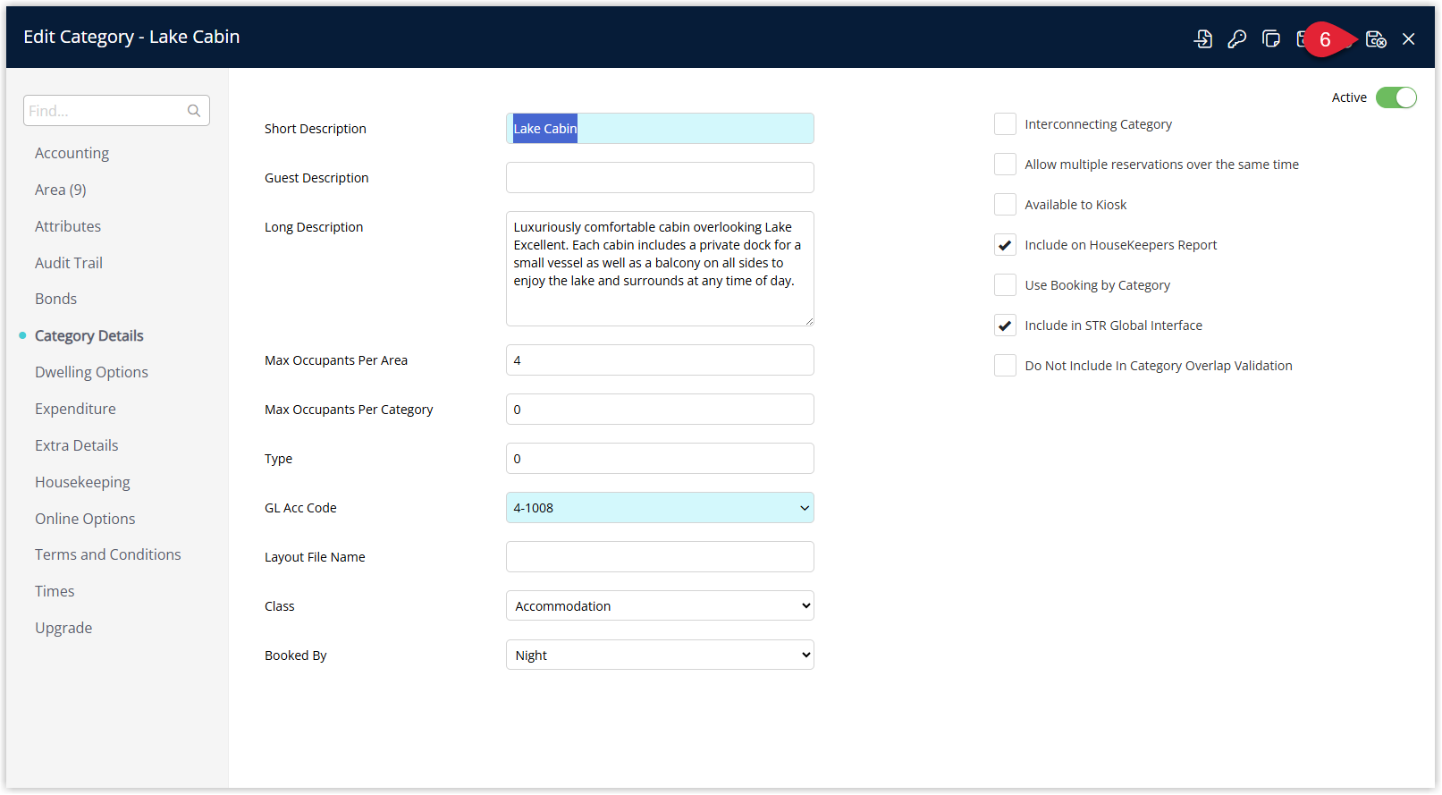 Category edit window showing that Access settings have been configured, with the Save/Exit button selected to save the amended category access and return to the Category/Area list.