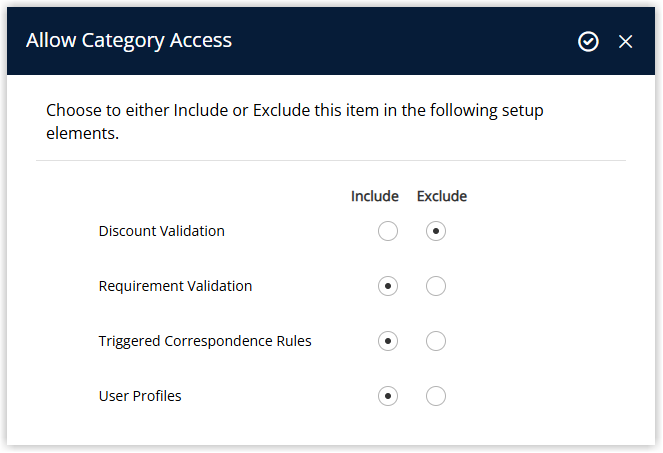 Screenshot of the Allow Category Access dialog in RMS showing Include and Exclude options for Discount Validation, Requirement Validation, Triggered Correspondence Rules, and User Profiles