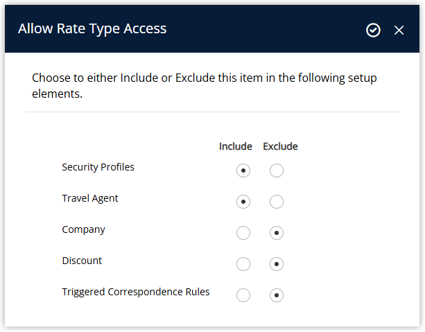 Screenshot of the Allow Rate Type Access dialog in RMS showing Include and Exclude options for Security Profiles, Travel Agent, Company, Discount, and Triggered Correspondence Rules