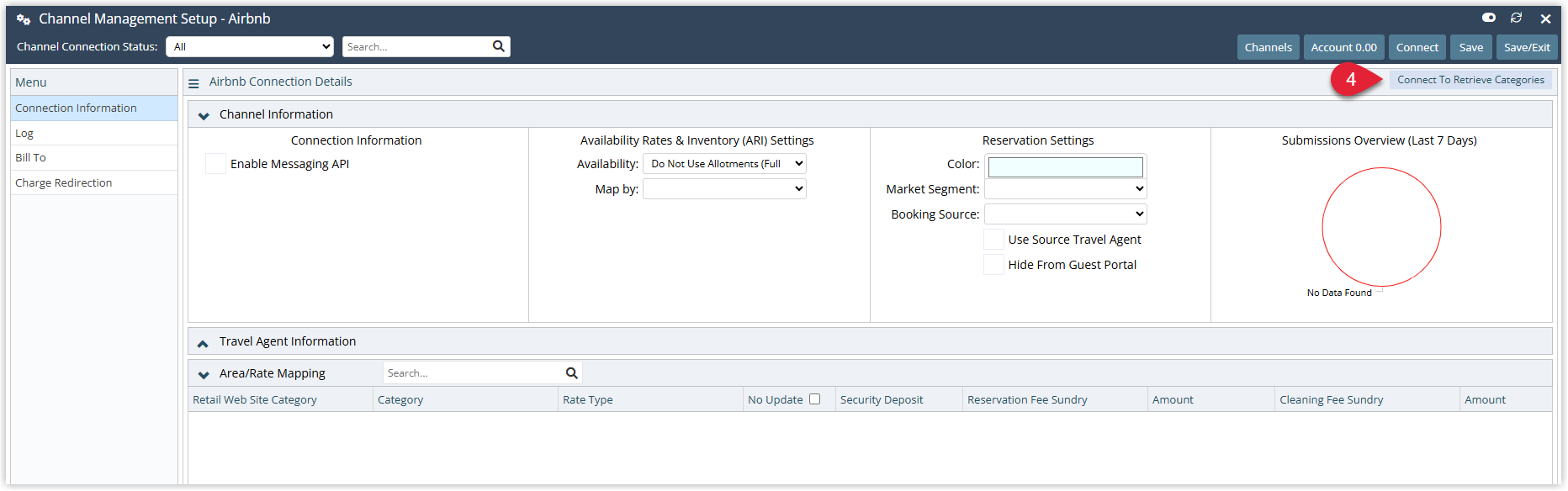 Airbnb Channel Mapping screen in RMS showing the Connect & Retrieve Categories button