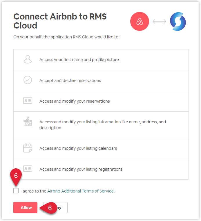 Airbnb authorisation page showing terms and conditions checkbox and an Allow button to grant RMS access