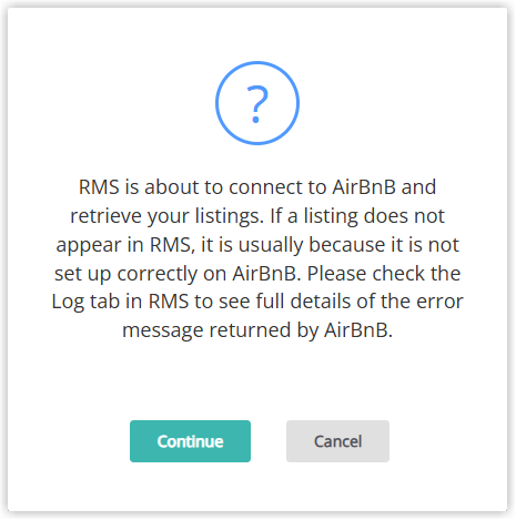 Channel Mapping screen in RMS displaying a Continue button after Airbnb authorisation