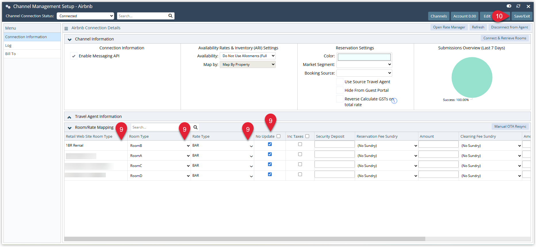 Airbnb Channel Mapping grid showing Airbnb listings in column 1 and drop‑downs to select RMS Room Type and RMS Rate Type, with an optional No Update checkbox and Save/Exit button