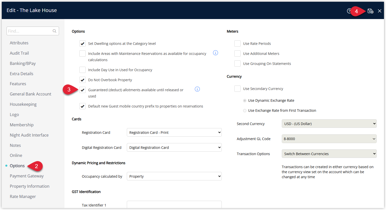 Property Information detail screen on the Options tab showing a checkbox labelled 'Guaranteed (deduct) allotments available until released or used' ticked, with a Save/Exit button to apply the change
