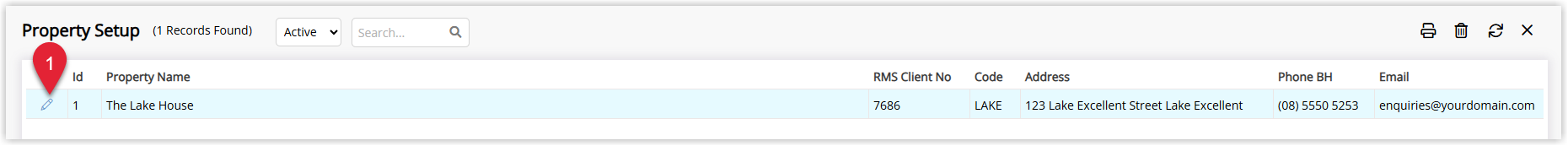 Property Information list in RMS displaying existing properties with an Edit icon next to each property to open its settings