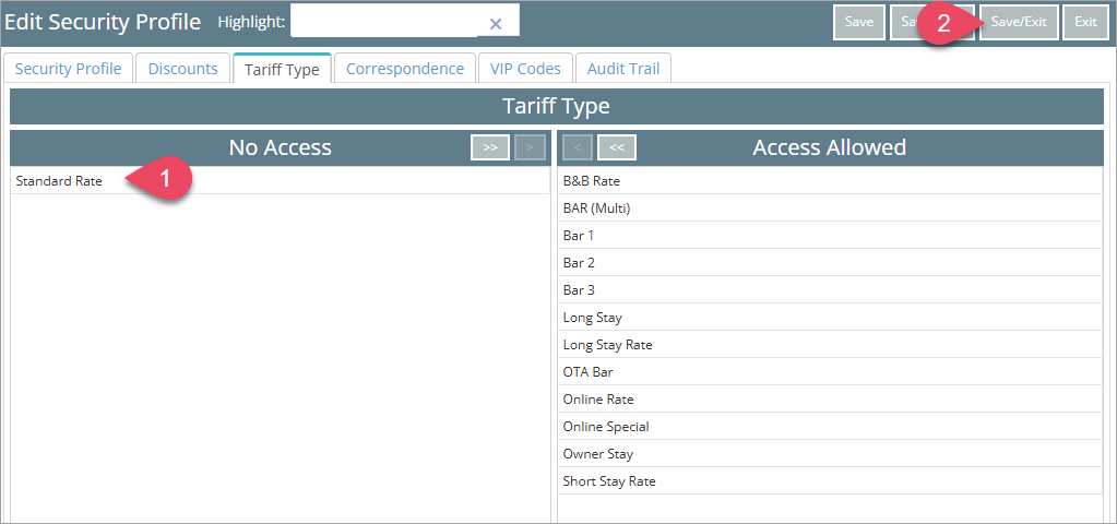 Screenshot of the Security Profile Tariff/Rate Type tab in RMS showing the OTA Rate Type listed under the No Access column and the Save & Exit button highlighted to apply the restriction.