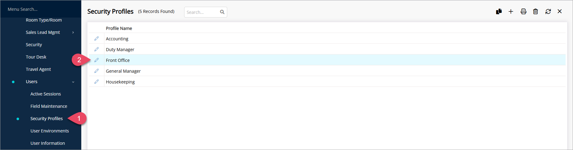 Screenshot of the Security Profiles screen in RMS showing a list of profiles with one profile selected and the Edit option used to open its settings.