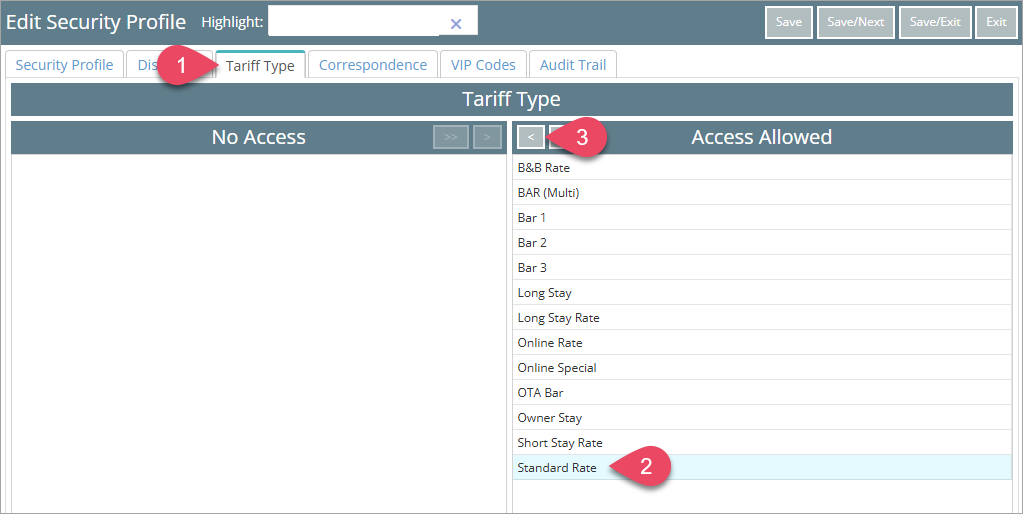 Screenshot of the Tariff/Rate Type tab in a Security Profile in RMS showing available Tariff/Rate Types on the right, No Access on the left, the OTA Rate Type highlighted and the single '<' button used to move the selected rate into the No Access list.