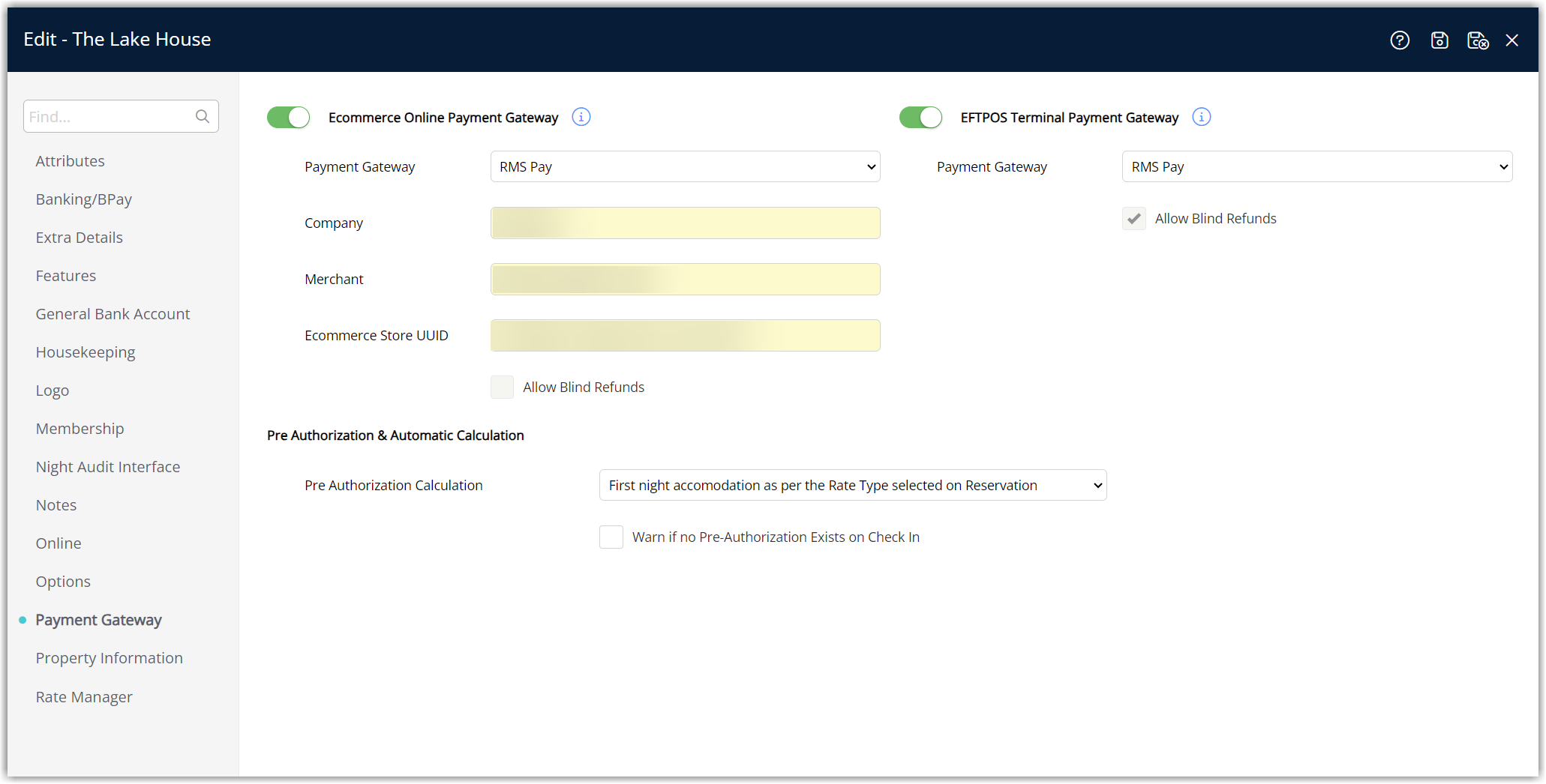 Property Information screen in RMS with the Payment Gateway or RMS Pay section populated automatically with gateway credentials and configuration fields, showing that RMS Pay has been successfully linked as the payment gateway for the property.