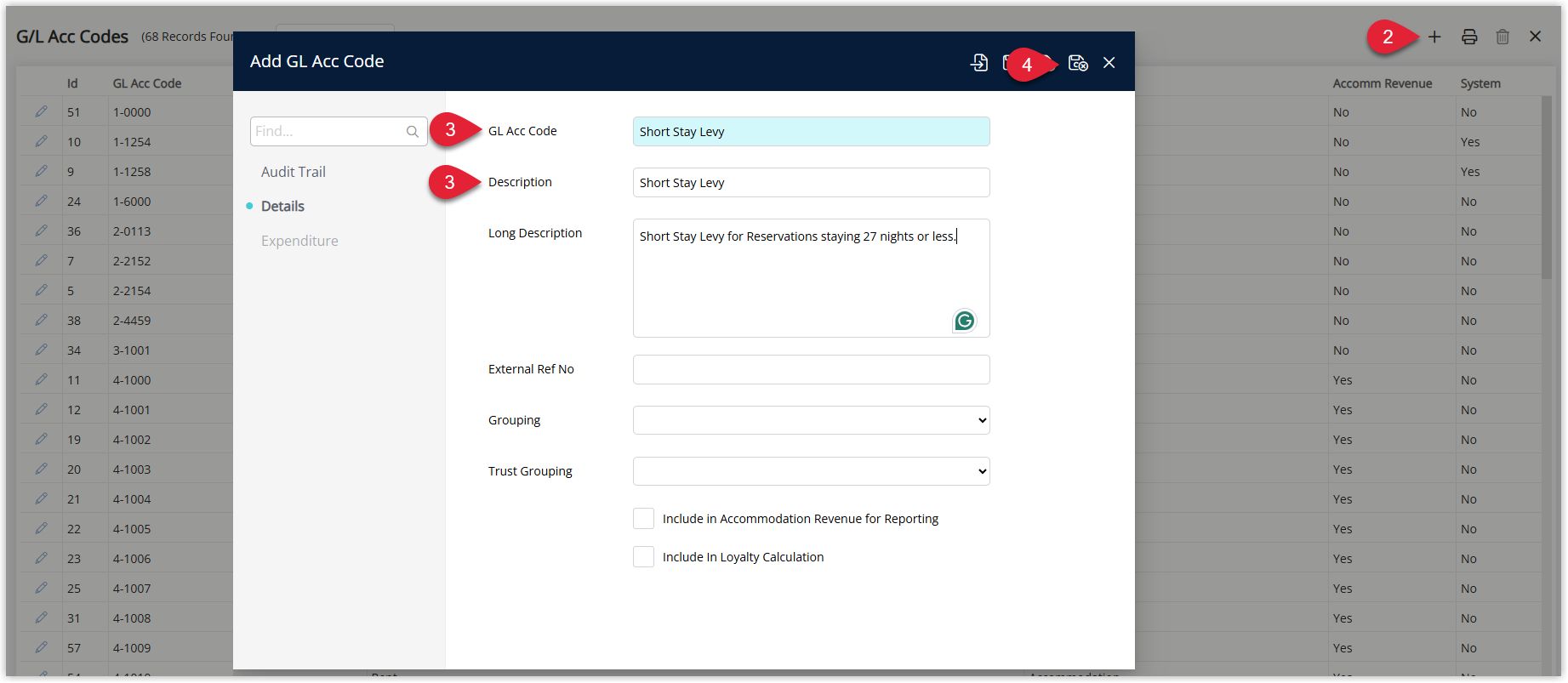 RMS General Ledger Account Code setup screen showing a new GL Acc Code and Description entered for the Short Stay Levy with the Save & Exit button selected.