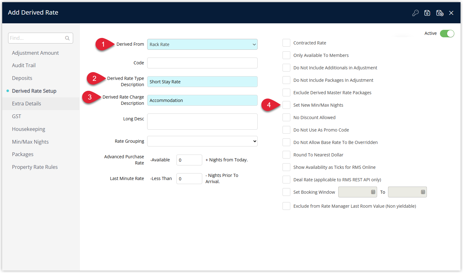 RMS Derived Rate setup window showing the Derived From Rate field set to the OTA rate, new Type Description and Charge Description entered, and the Set New Min/Max Nights option enabled.