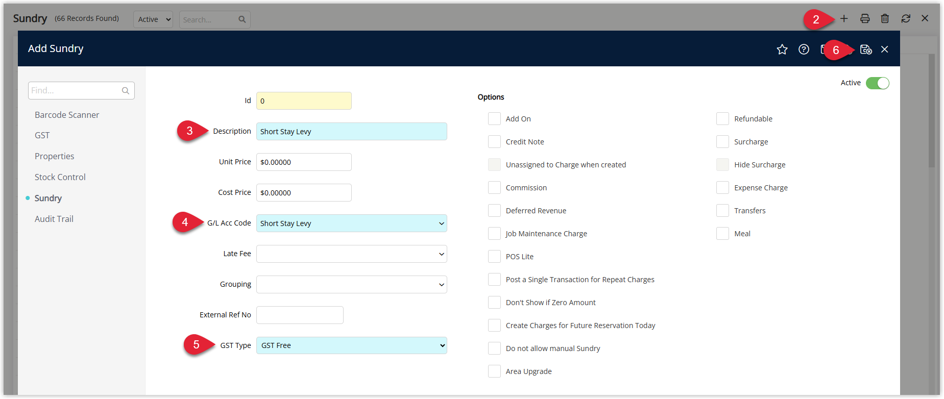RMS Sundry Charge setup screen displaying a new levy sundry with Description, GL Acc Code selected, and GST Type set to GST Free, ready to Save & Exit.