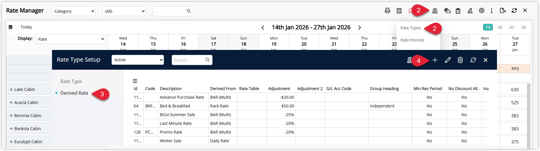 RMS Rate Manager on the Rate Types screen showing the Derived Rate option selected and the Add button highlighted to create a new derived rate type.
