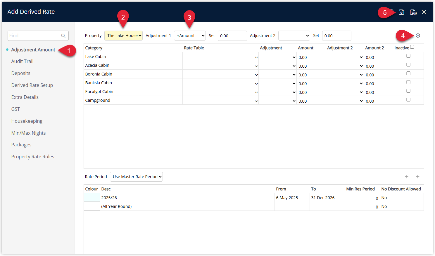RMS Derived Rate Adjustment screen displaying Adjustment Amount settings with +Amount selected but no value entered, Properties selected, and Apply to All used before saving without exiting.