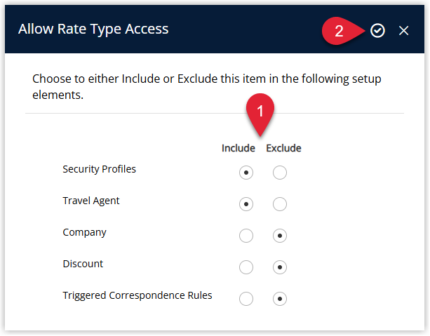 RMS Access Settings window for the derived rate type showing options for where the rate is accessible, such as In-House, RMS Booking Engine, and Channel Manager, with the appropriate access options selected and applied.