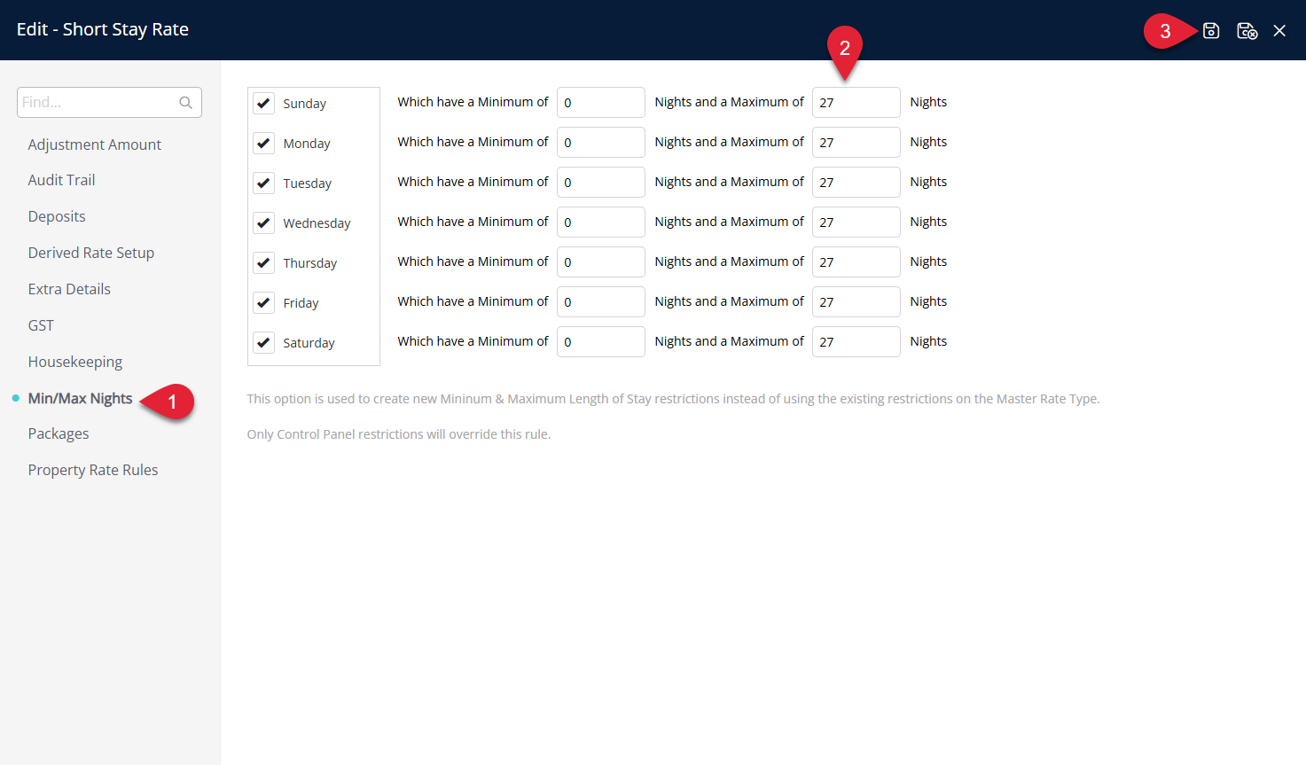 RMS Min/Max Nights configuration screen for the derived rate showing a maximum of 27 nights set for each day of the week to restrict the levy rate to stays of 27 nights or less.