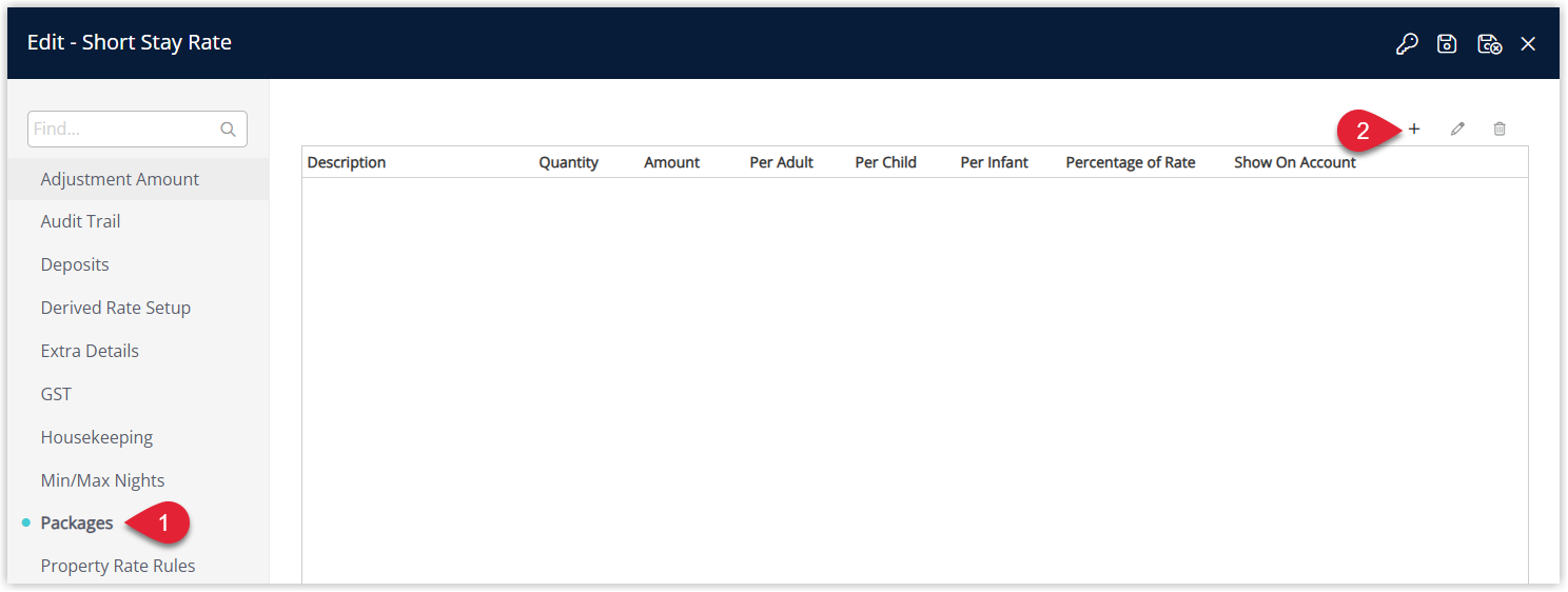 RMS Derived Rate Packages tab showing the Packages list with the Add button selected to configure a new package for the Short Stay Levy.