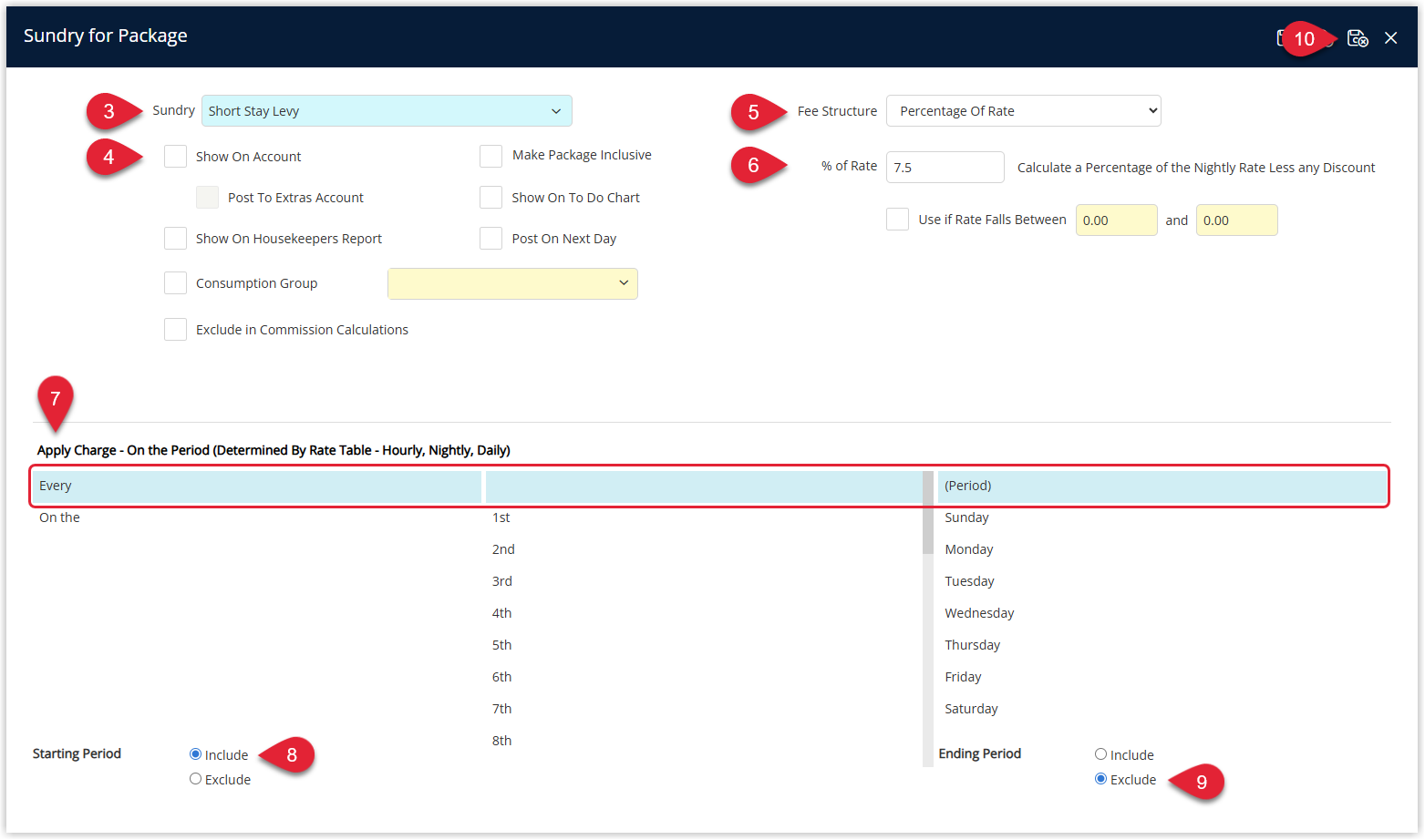 RMS Package setup window for the derived rate showing the levy Sundry Charge selected, optional Show on Account tick box, Fee Structure set to Percentage of Rate with 7.5% entered, and Apply Charge settings configured with the Starting Period included and Ending Period excluded before Save/Exit.