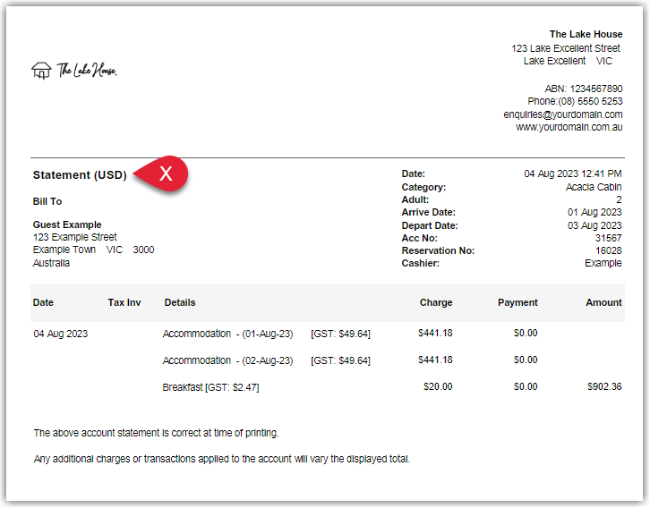 Guest statement in RMS showing all charges and payments displayed in the currency selected by the Currency View on the account