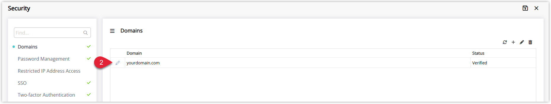 Screenshot of the Domains tab in RMS with a specific domain row highlighted and the Edit icon selected to view its verification details and DNS values.