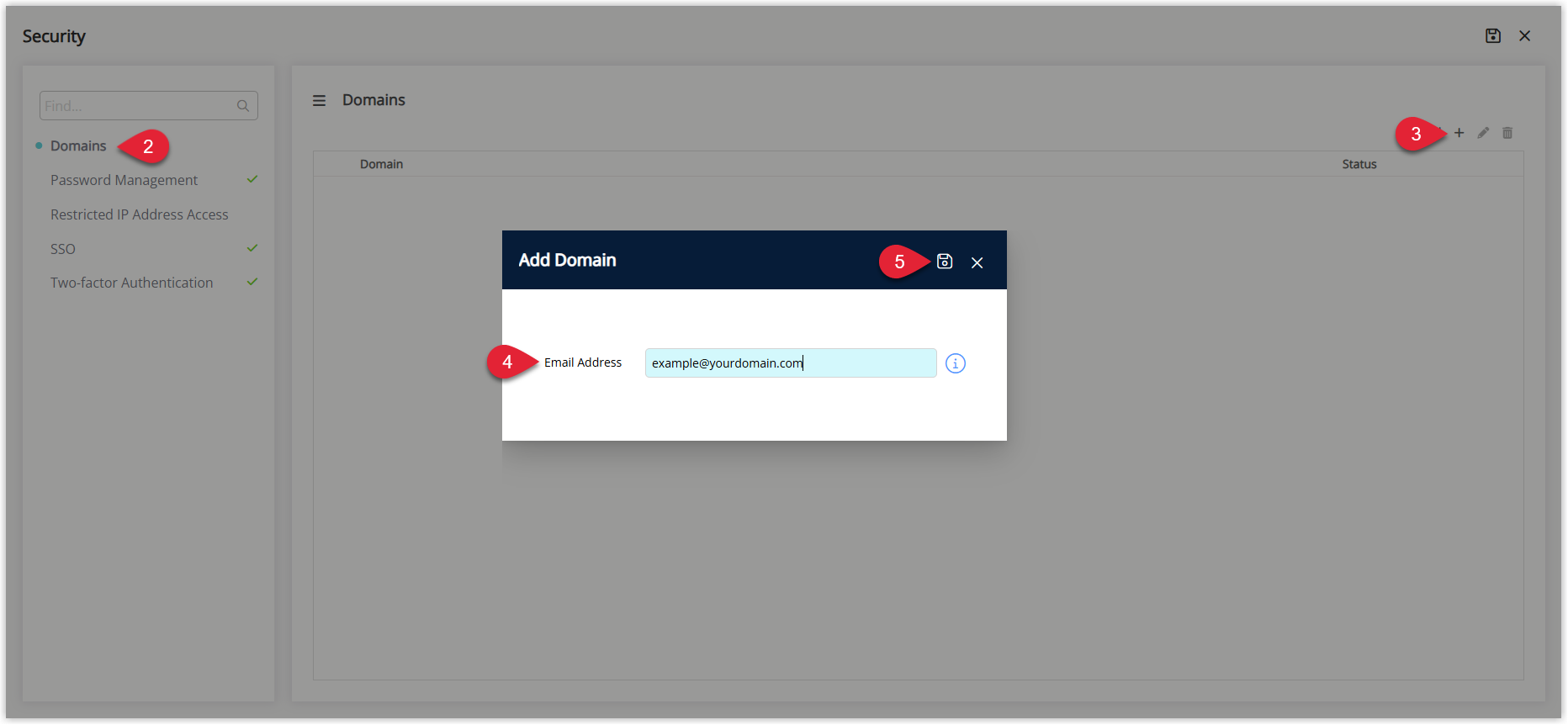 Screenshot of the Setup > Security screen in RMS with the Domains tab selected, showing a list of existing domains and the Add icon highlighted to start verifying a new email domain.