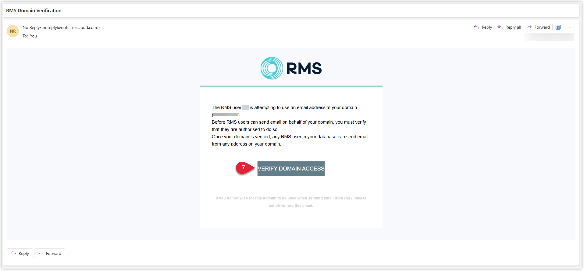 Screenshot of the domain verification email sent from RMS showing the Verify Domain Access button that the recipient clicks to confirm they control the email domain.