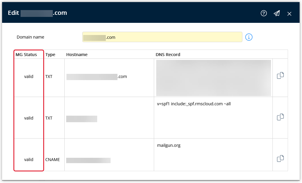 Screenshot of the Domains list in RMS showing a domain with its Verification Status column displaying Valid, indicating that the DNS TXT records are correct.