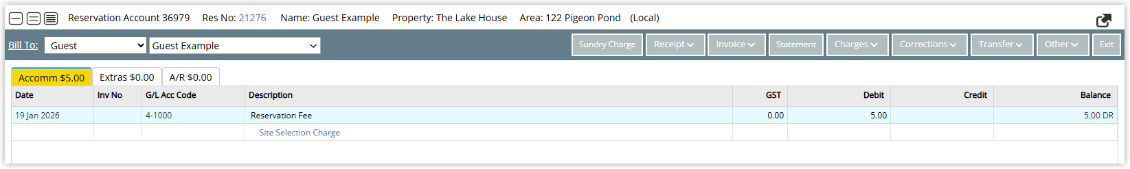 Screenshot of the reservation account in RMS showing the Area Selection / Area Lock fee posted as a charge after confirming the prompt when fixing the Area.